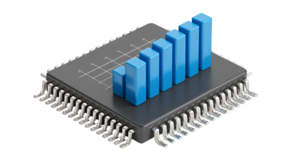3d rendering of a computer chip with a rising bar graph isolated on transparent background