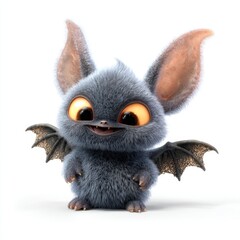 A cute fuzzy cartoon bat with large orange eyes and wings spread on a white background