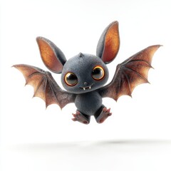 Cute fluffy cartoon bat character with large eyes and spread wings isolated on a white background