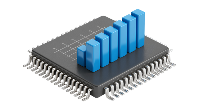 3d rendering of a computer chip with a rising bar graph isolated on transparent background