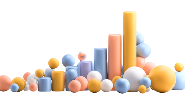 Abstract colorful geometric shapes and spheres isolated on transparent background