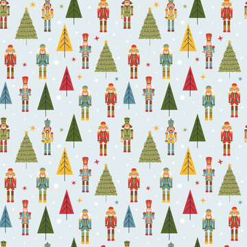 Seamless Christmas Pattern with Nutcrackers in Vector on light blue background.