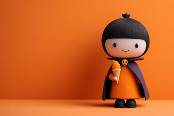 A friendly vampire doll holding an ice cream cone on orange background. Halloween concept. 