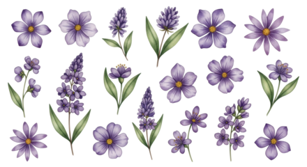 Isolated purple flowers with green leaves for botanical illustration or design projects