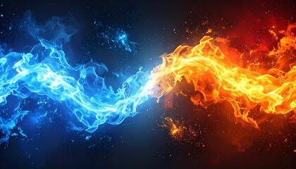 Two vibrant elemental energy waves, blue and orange, collide intensely.