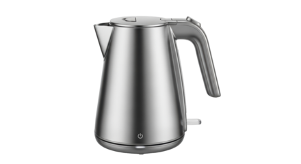 Isolated brushed stainless steel electric kettle ready to heat water for coffee or tea service