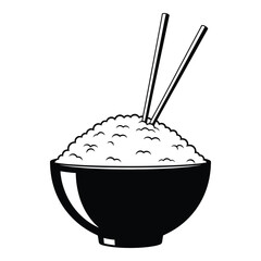 Simple black and white icon of a bowl of rice with chopsticks perfect for asian cuisine and food related projects silhouette