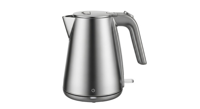 Isolated brushed stainless steel electric kettle ready to heat water for coffee or tea service
