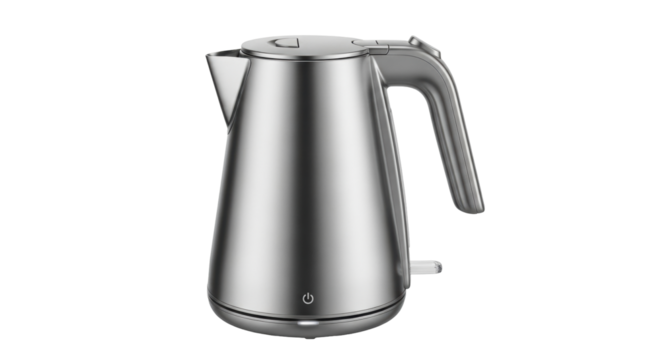 Isolated brushed stainless steel electric kettle ready to heat water for coffee or tea service