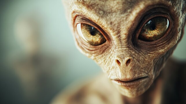 Extraterrestrial being with captivating golden eyes gazes intently, its wrinkled skin and subtle expression hinting at a profound intelligence and curiosity about the universe
