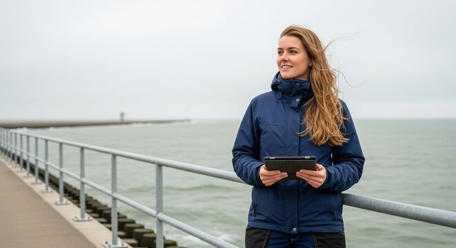 Female engineer or scientist with tablet working on coastal research project at sea pier