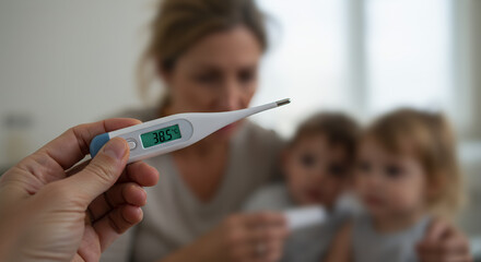 Mother checking temperature of child with digital thermometer indoors  