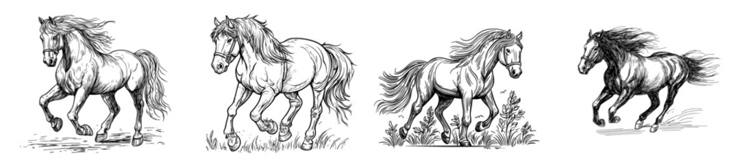 Obraz premium A galloping horse with a flowing mane is depicted in dynamic black silhouette on a white background