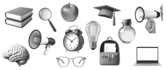 Black and white halftone education and school icon set featuring books, brain, backpack, clock, laptop, megaphone, and academic symbols
