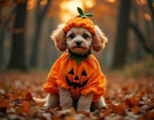Adorable poodle puppy wearing orange pumpkin costume round fabric body green stem hat small dog halloween costumes pet photography ideas toy dog costumes blurred background with halloween costumes cos