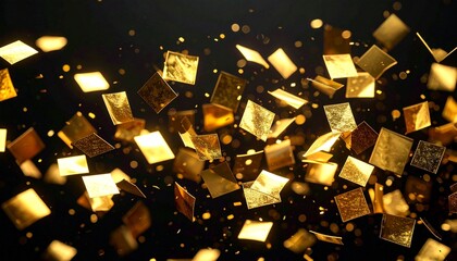 Sparkling golden square confetti falling against a dark background for celebration.