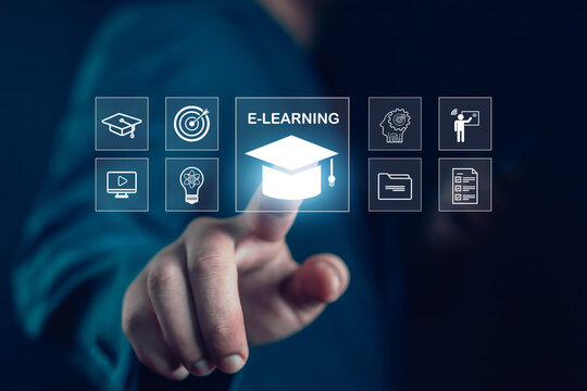 Hand touching virtual e-learning icon on digital screen, symbolizing online education, technology learning, remote training, and modern knowledge innovation in digital transformation.