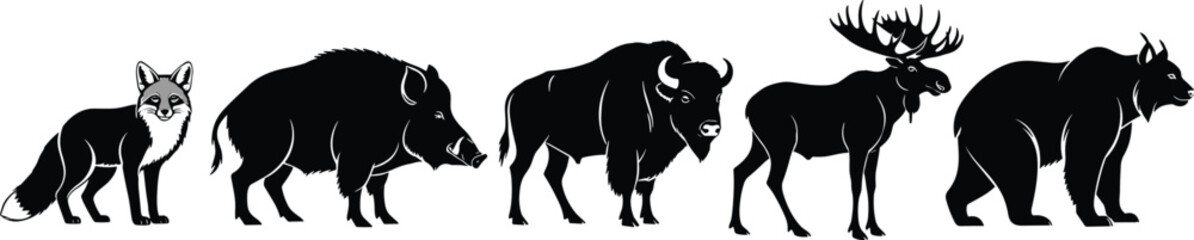 Wild animal silhouettes of fox, wild boar, bison, moose, and bear in row vector illustration for nature wildlife design