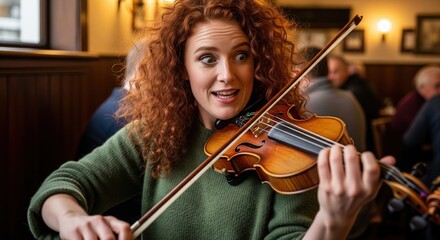 Fototapeta premium Expressive redhead woman with curly hair playing the violin energetically in a cozy pub