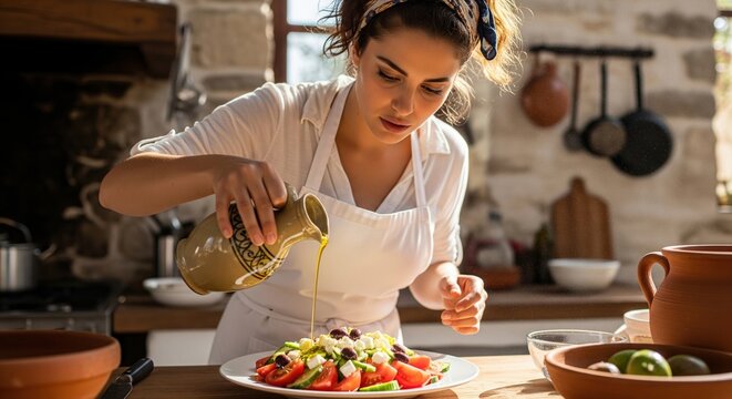 Young woman pouring olive oil from a jug on a fresh greek salad in a rustic kitchen