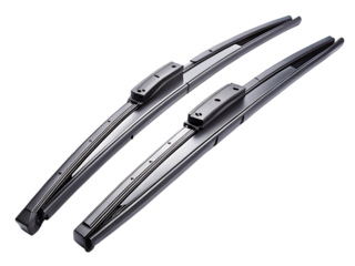 Two sleek metallic car windshield wiper blades with dark gray plastic connectors isolated on a transparent background