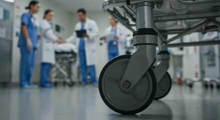 Hospital scene with medical staff discussing patient care in hallway  