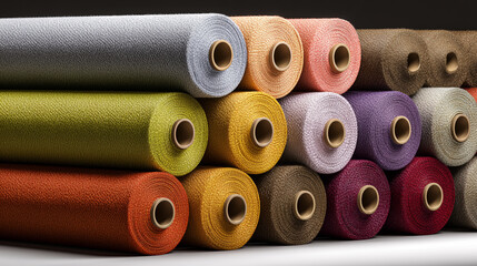 Stack of colorful fabric rolls arranged in pyramid display