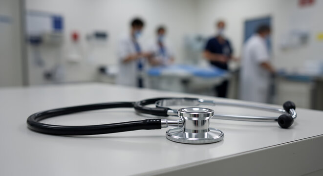 Stethoscope on table with medical staff working in background  