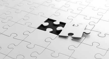 A single white puzzle piece hovers above a missing piece in a completed white jigsaw puzzle symbolizing a challenge or solution