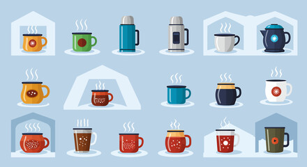 Collection of steaming hot beverage mugs thermoses and a kettle displayed on shelves