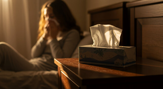 Young woman sitting on bed feeling unwell with tissues nearby  