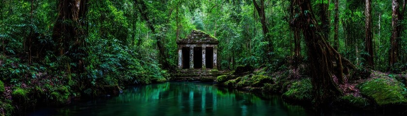 Fototapeta premium Serene forest landscape with ancient stone temple surrounded by lush green trees and calm river reflecting vibrant foliage