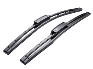 Two sleek black car windshield wiper blades with metallic accents isolated on a transparent background
