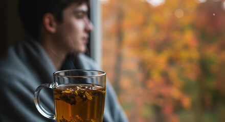 Young man relaxing with cup of tea by the window in autumn  