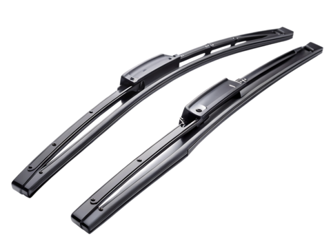 Two sleek black car windshield wiper blades with metallic accents isolated on a transparent background