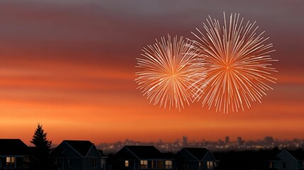 Bright fireworks display illuminating sunset sky over cityscape