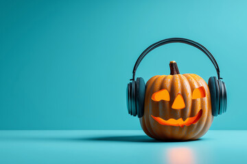 A pumpkin wearing headphones and dancing, minimal pastel background, fun Halloween theme. 