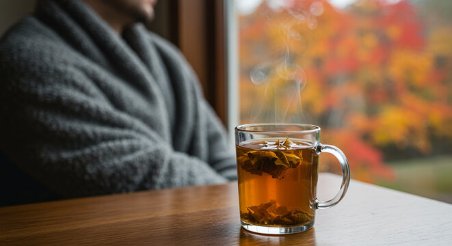 Man relaxing in sweater with tea cup by window in autumn  