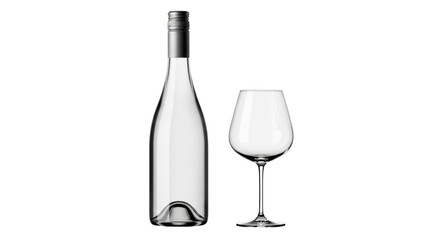 Isolated clear glass bottle and wine glass on neutral background with a metallic cap