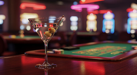 Cocktail glass with cherry in casino bar by gaming table at night  