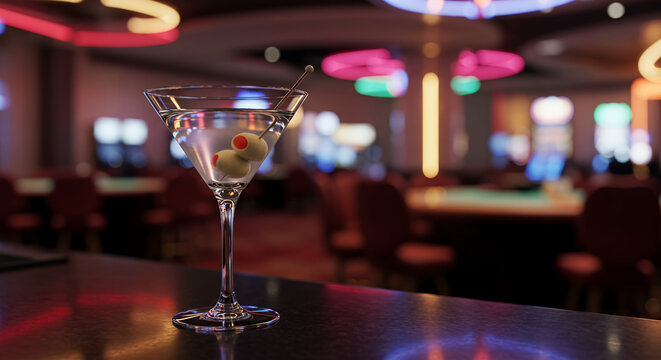 Cocktail glass with olives on bar counter in casino environment   - Powered by Adobe