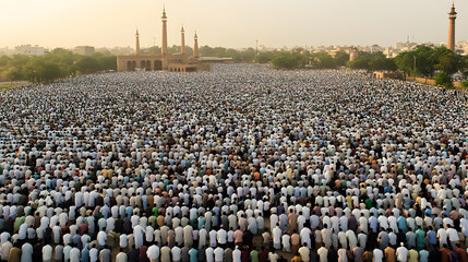 A massive gathering of muslim worshippers in lahore, pakistan, offering prayers in an open field with badshahi mosque in the background at dawn