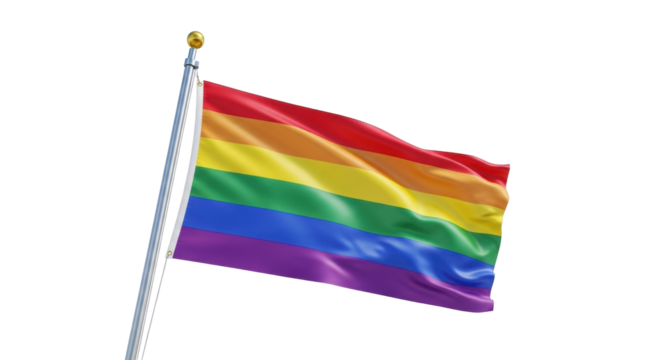 Isolated rainbow LGBT pride flag waving against a light backdrop in a gentle breeze