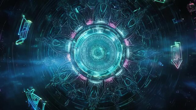 Glowing digital mandala of intricate, geometric shapes, vibrant neon colors, dark background