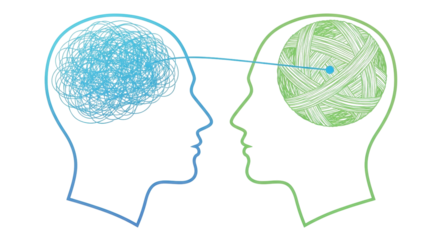 Isolated tangled vs organized minds graphic showing communication connection brain health