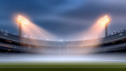 Illuminated empty football stadium at night with bright floodlights and green field