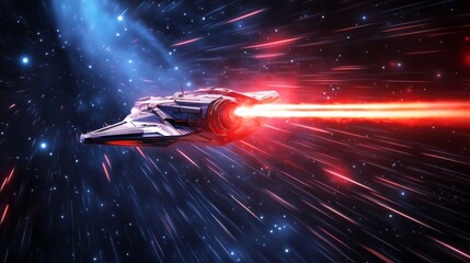 Futuristic spaceship traveling faster than light, utilizing warp drive to navigate through a vibrant galaxy filled with twinkling stars and colorful nebulae in the background