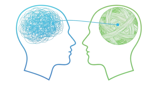 Isolated tangled vs organized minds graphic showing communication connection brain health