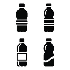 Four distinct plastic beverage bottle icons representing water soda and other refreshing drinks packaging silhouette