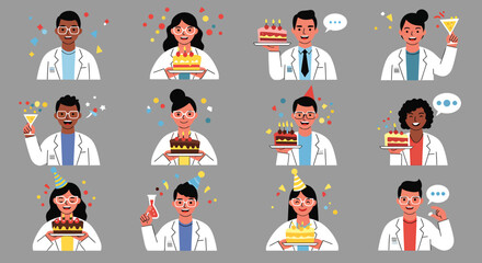 Scientists in lab coats celebrating with cakes drinks and confetti